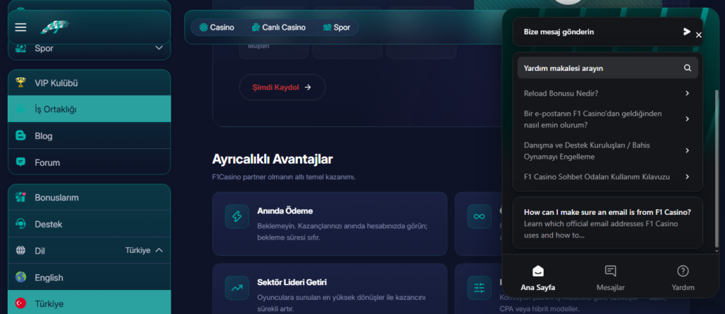 F1casino Canlı Destek